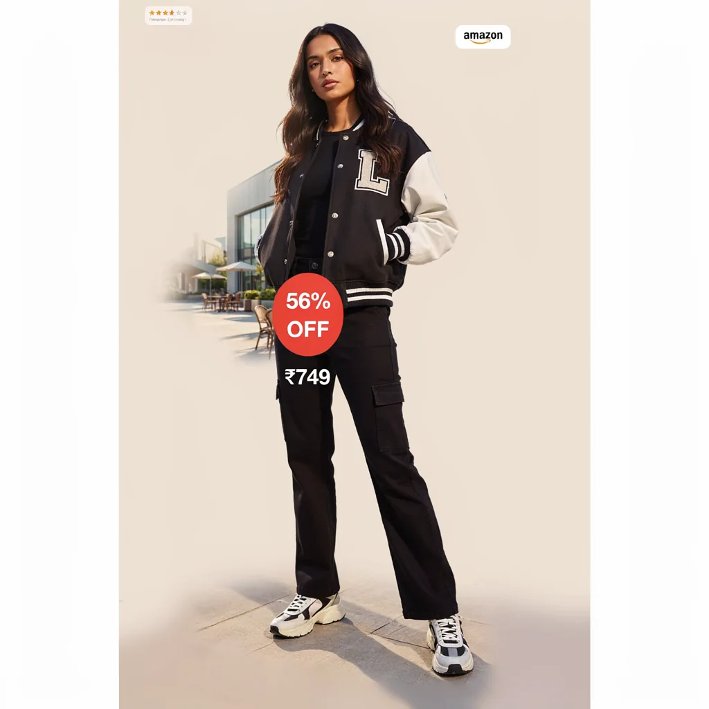Minimalistische Fashion-Anzeige mit Model und Rabattkennzeichnung