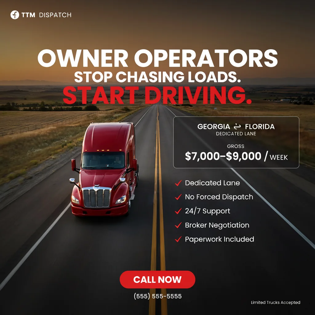 Dunkle Recruiting-Anzeige für Transportunternehmen mit Lastwagen und klarer Leistungsübersicht
