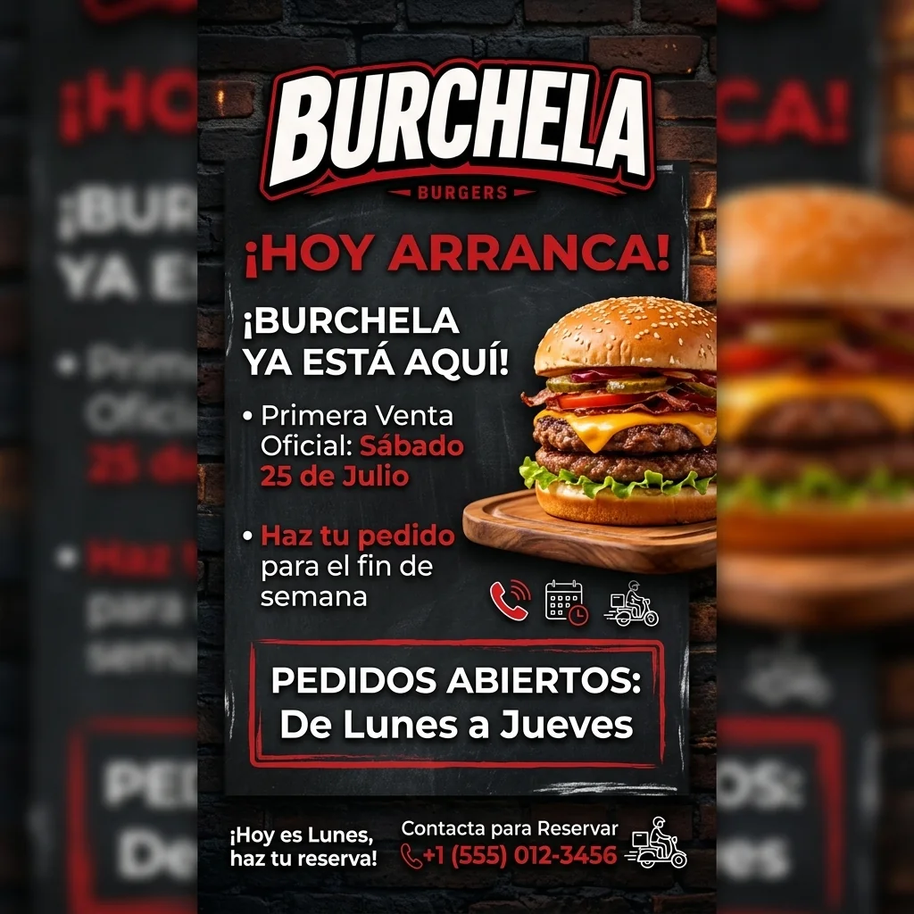 Gastronomie-Eröffnungsmotiv mit Burger, Bestellinformationen und kontrastreicher Typografie