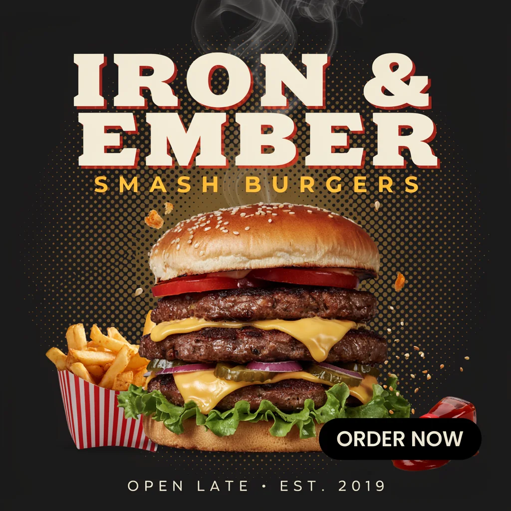 Kräftige Burger-Werbegrafik mit dunklem Hintergrund und großem Produktmotiv