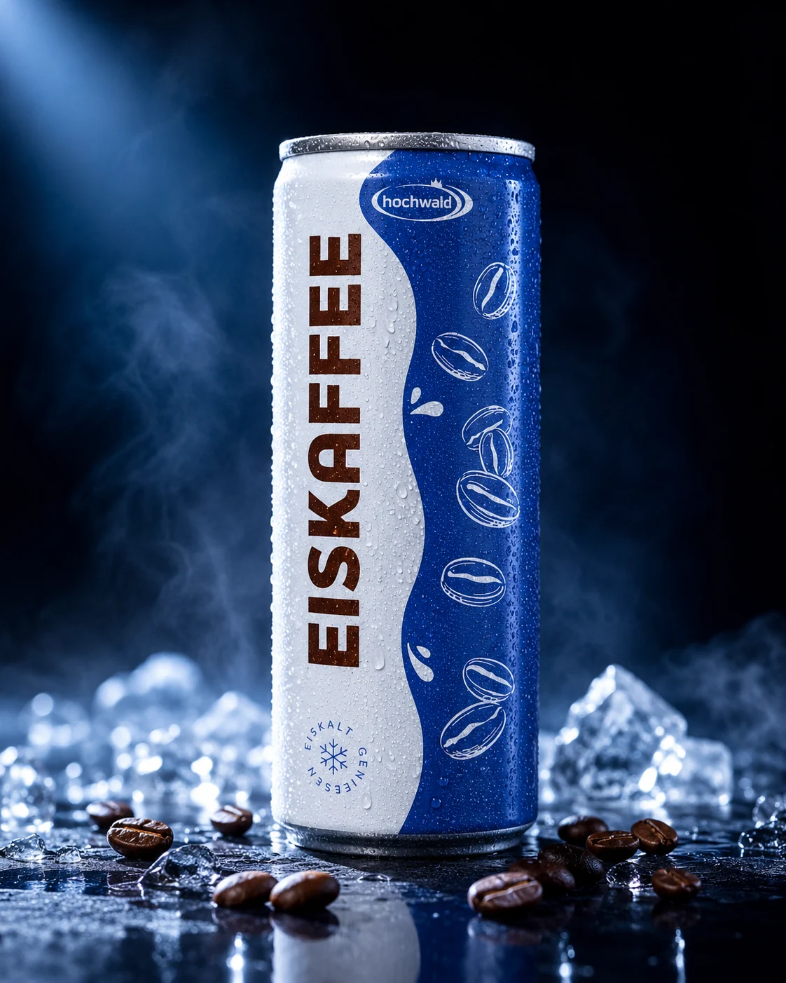 Eiskaffee-Dose mit Eiswürfeln, Kaffeebohnen und blauem Licht