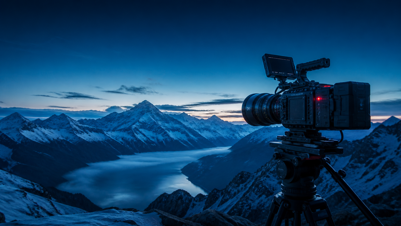 Weites Schweizer Alpenpanorama mit professioneller Filmkamera in den Blau- und Petroltönen von Star Promotion